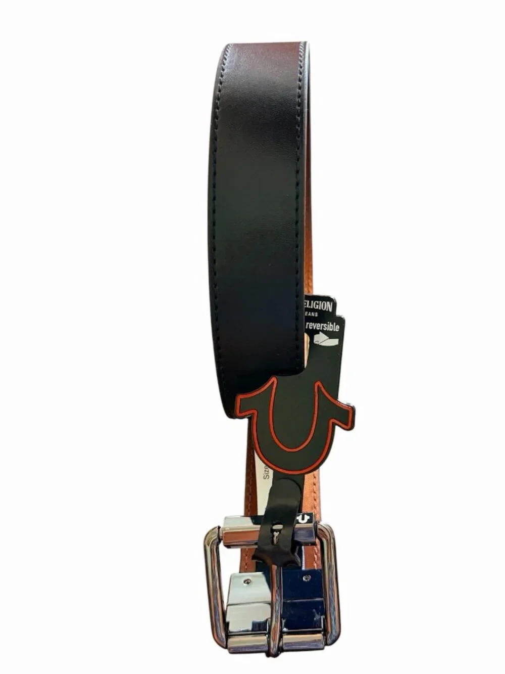 MENS TRUE RELIGION HORSESHOE BUCKLE REVERSIBLE BLACK TAN BROWN BELT 42”/ 1.5”W